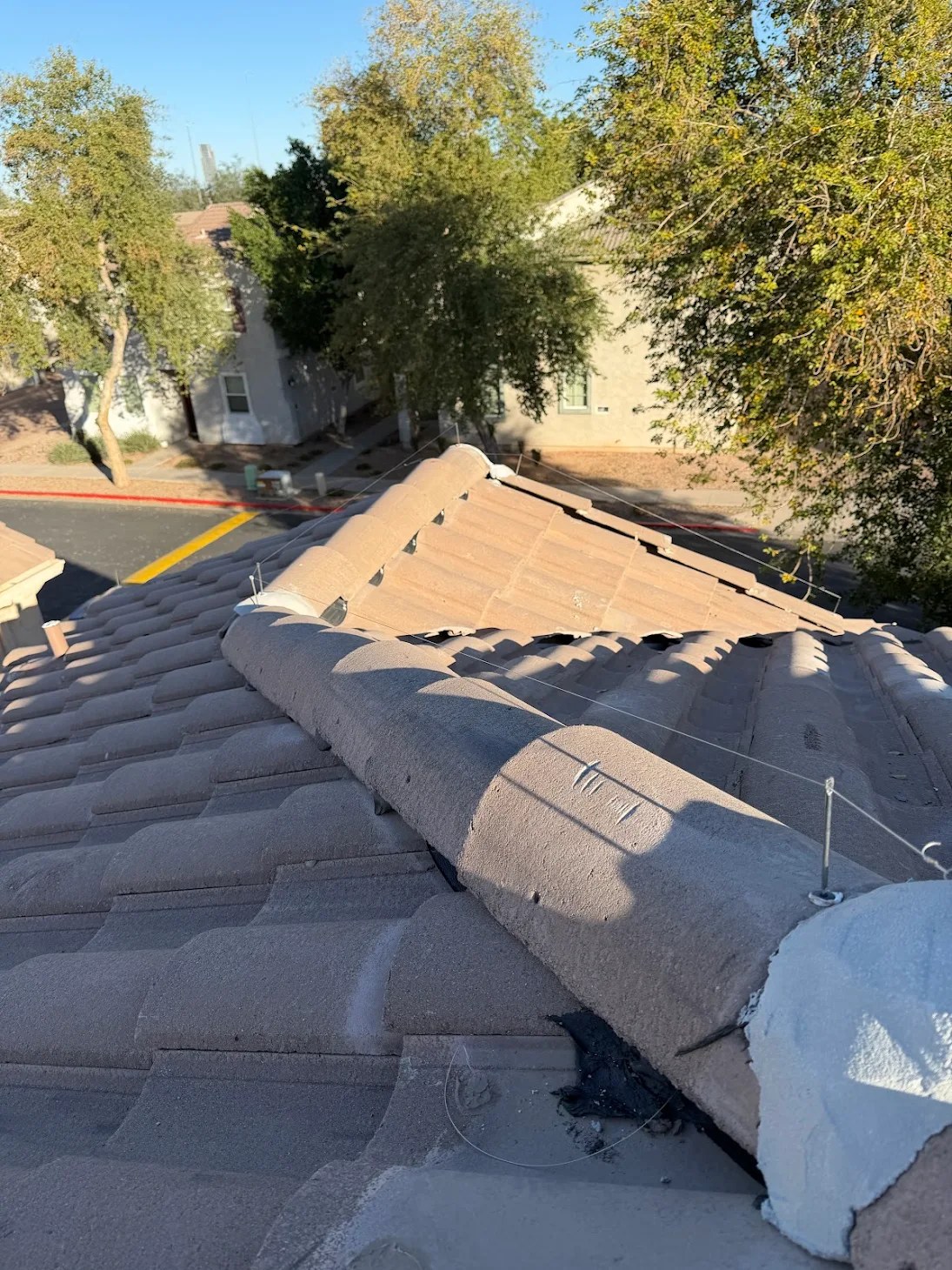Pigeon proofing wire installed along a tile roof ridge on a residential home.