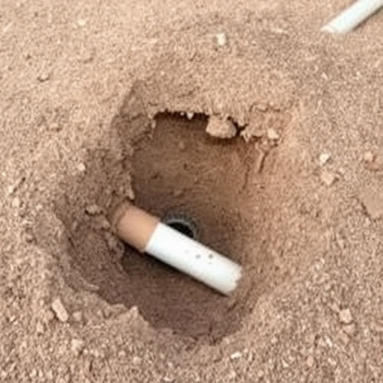 Damaged irrigation pipe exposed in a gopher tunnel in a Phoenix Arizona yard