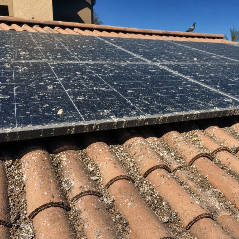Pigeon droppings covering a commercial HVAC unit and solar panels on a Phoenix rooftop