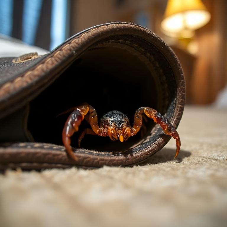 Scorpion hiding inside a shoe in a residential bedroom — a common household encounter in Phoenix