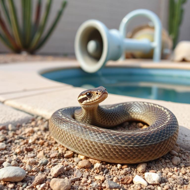 Snake coiled near a residential pool area in a Phoenix Arizona backyard