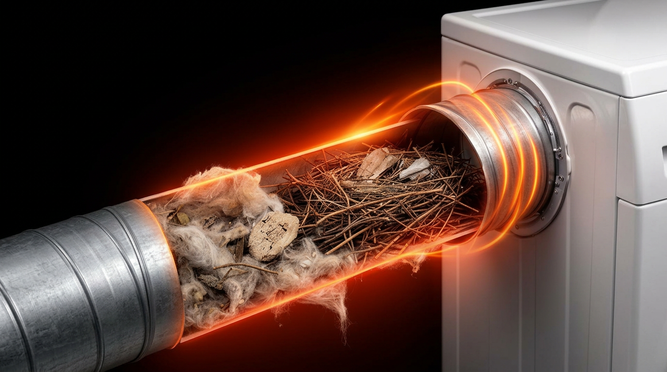 Blocked dryer vent with bird nesting debris creating a fire hazard