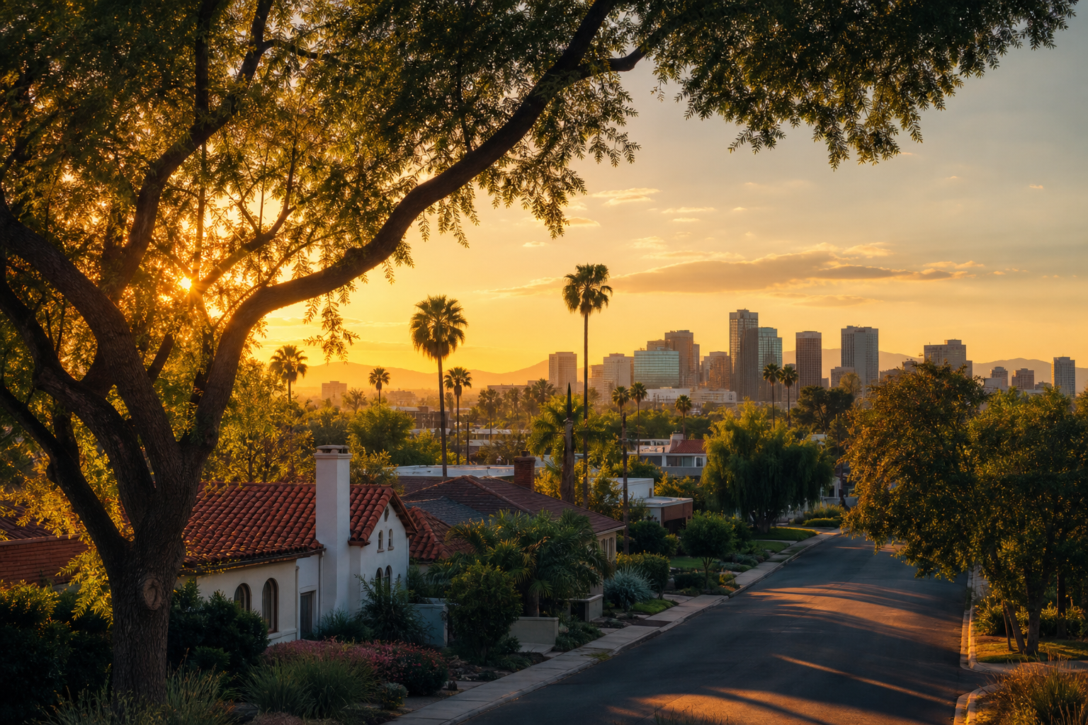 Central Phoenix historic neighborhood with mature shade trees and mid-century homes at golden hour
