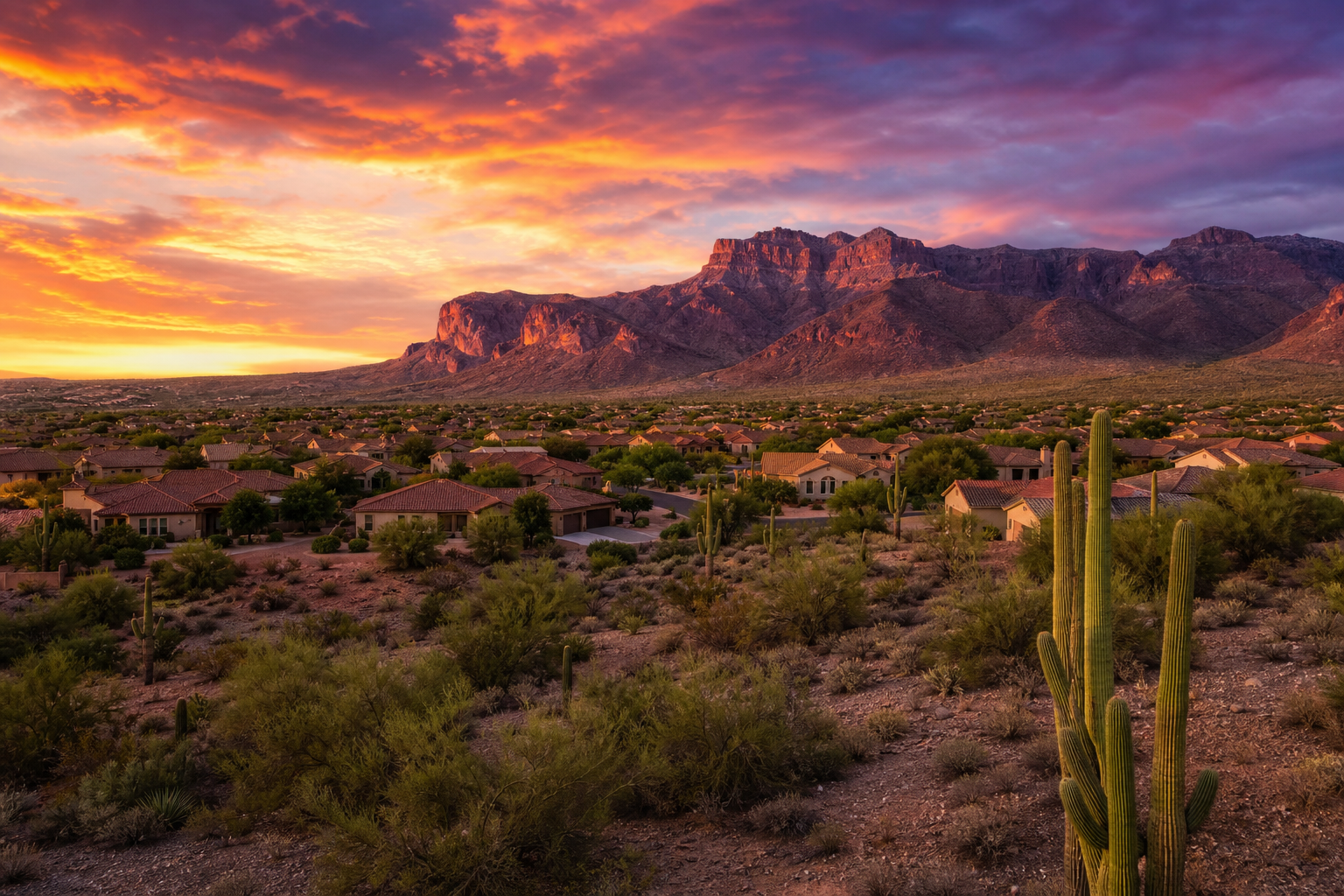 East Mesa Arizona with Superstition Mountains on the horizon and suburban neighborhoods at golden hour