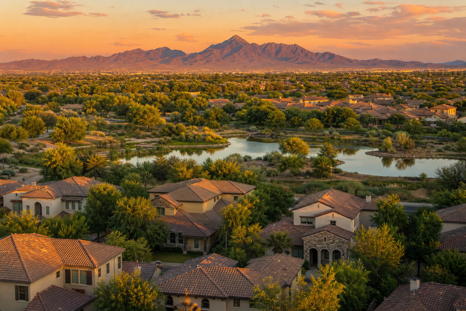 Gilbert Arizona master-planned community with parks, lakes, and modern homes at golden hour