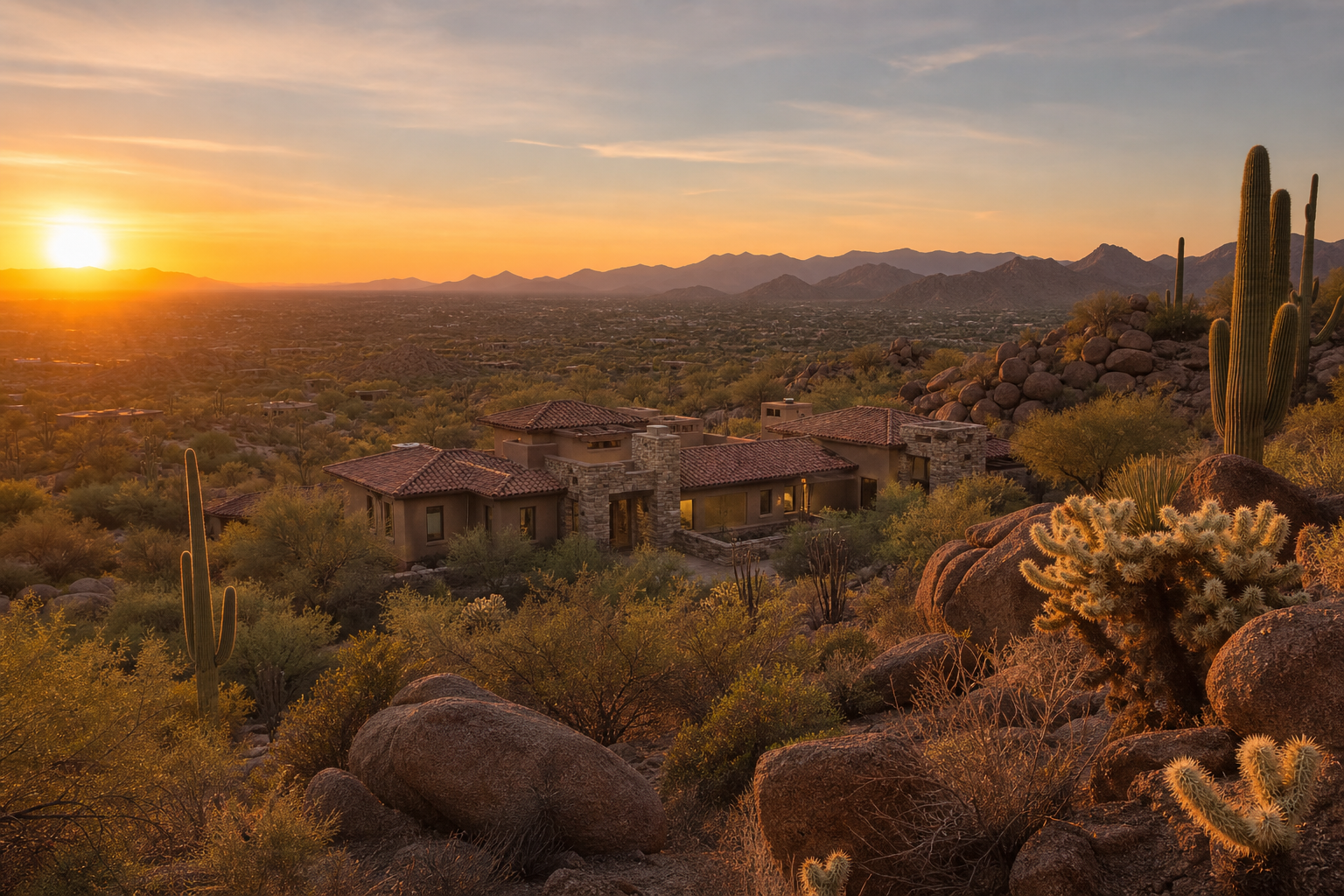 High-desert terrain in Cave Creek Arizona with saguaro cacti and custom ranch homes at golden hour