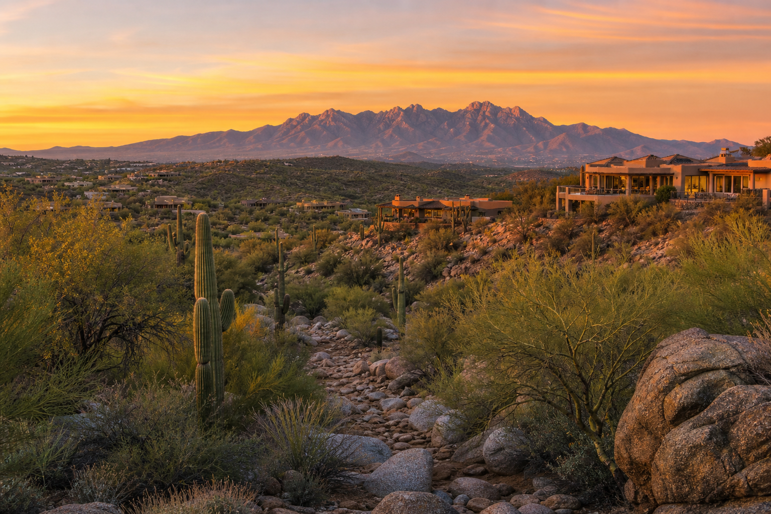 Fountain Hills Arizona desert foothills with saguaro cacti and custom hillside homes at golden hour