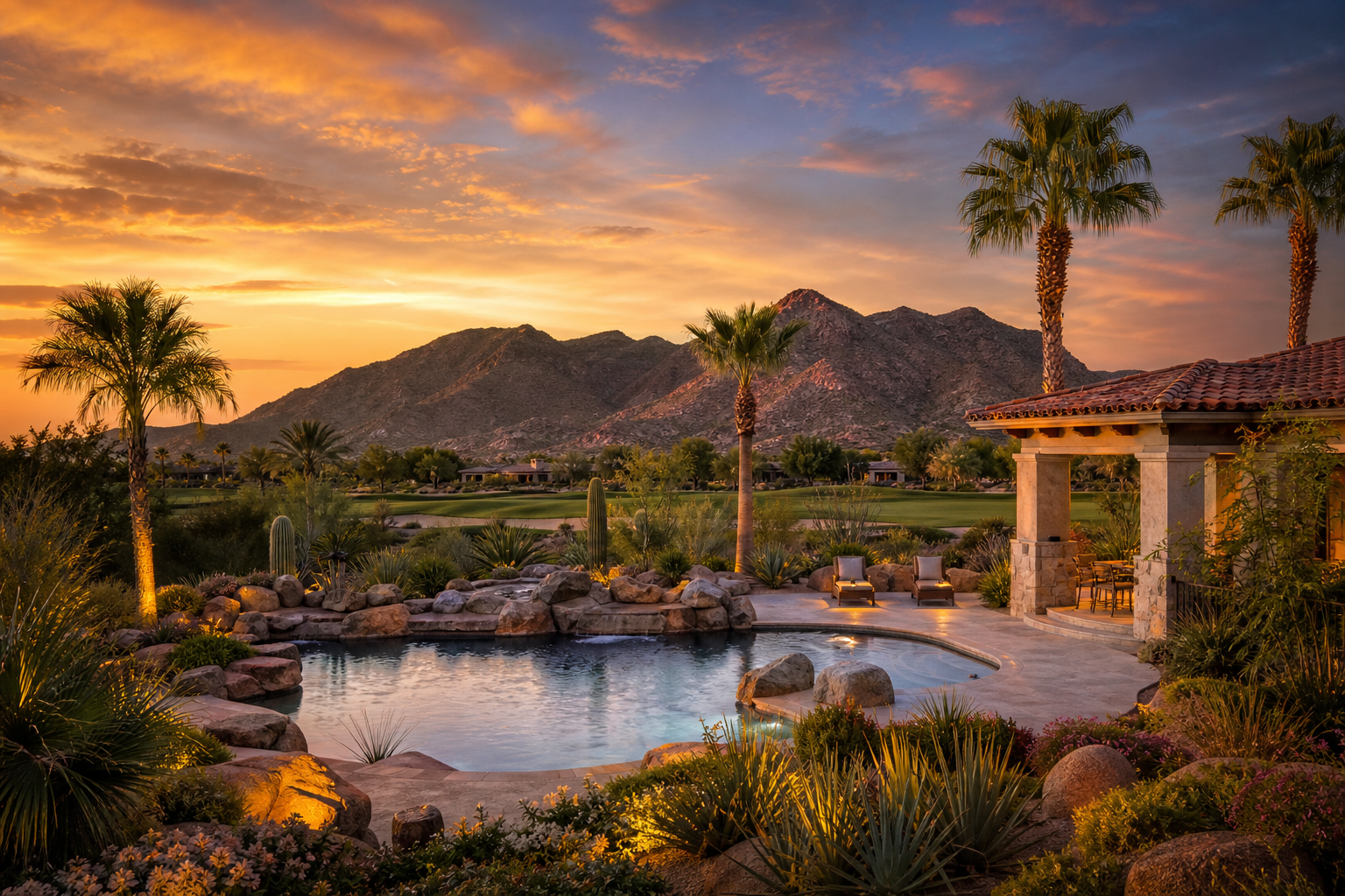 Scottsdale Arizona luxury desert landscape with resort-style pool and McDowell Mountains at golden hour