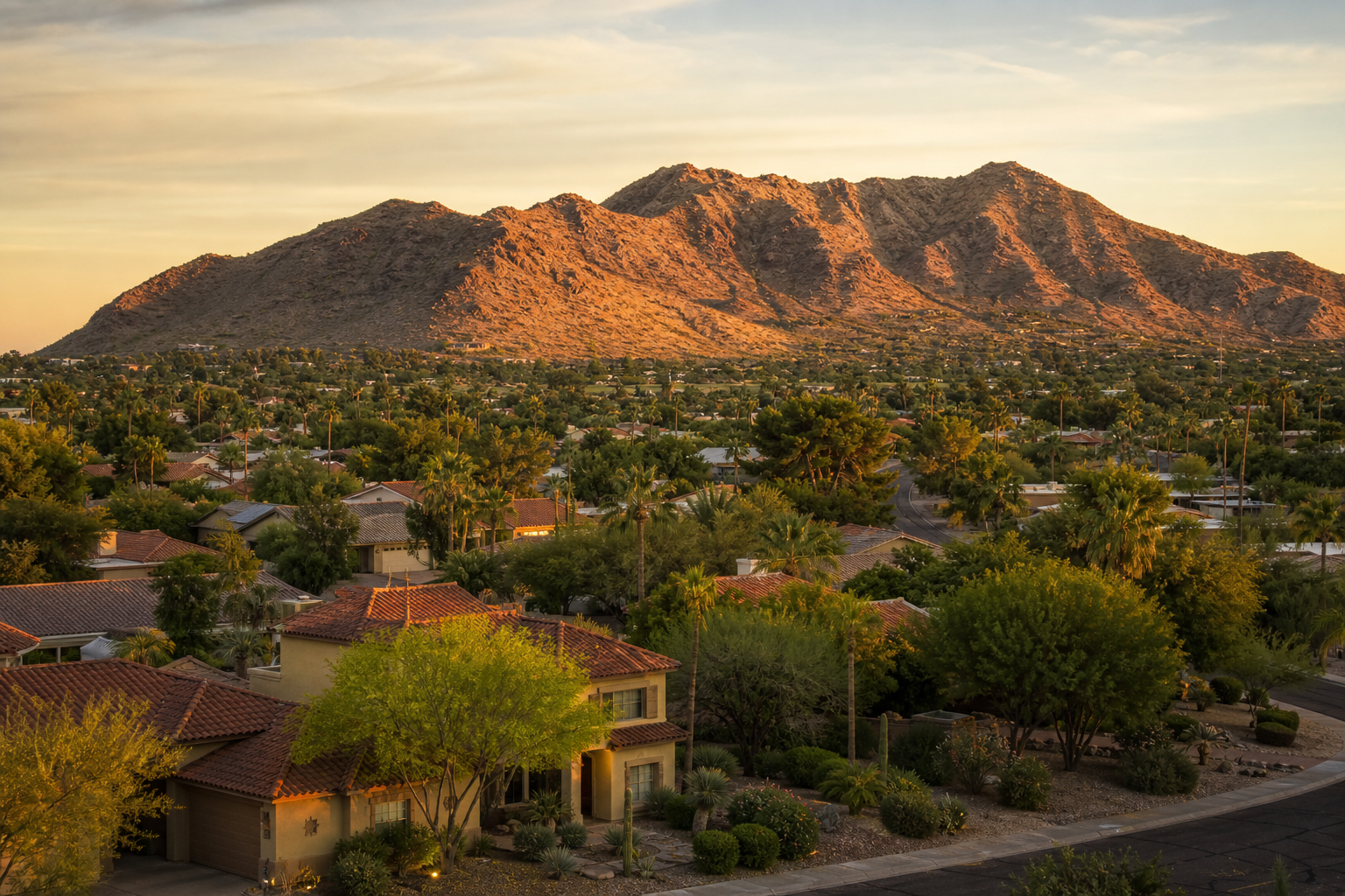 South Phoenix Arizona with South Mountain backdrop and established neighborhoods at golden hour