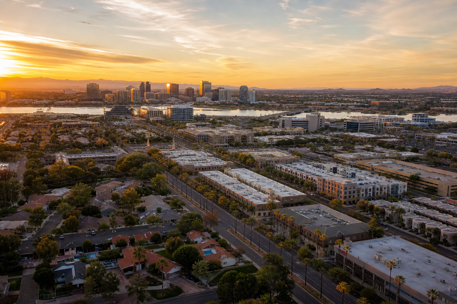 Tempe and Chandler Arizona dense suburban development with palm-lined streets at golden hour