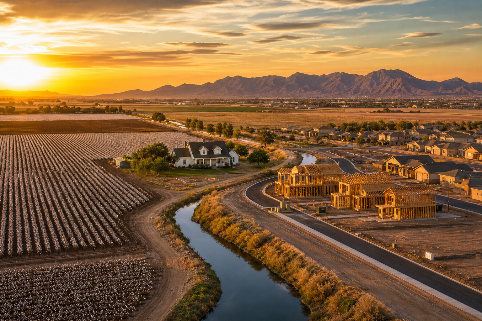 Laveen and Maricopa Arizona rural agricultural land transitioning to new development at golden hour