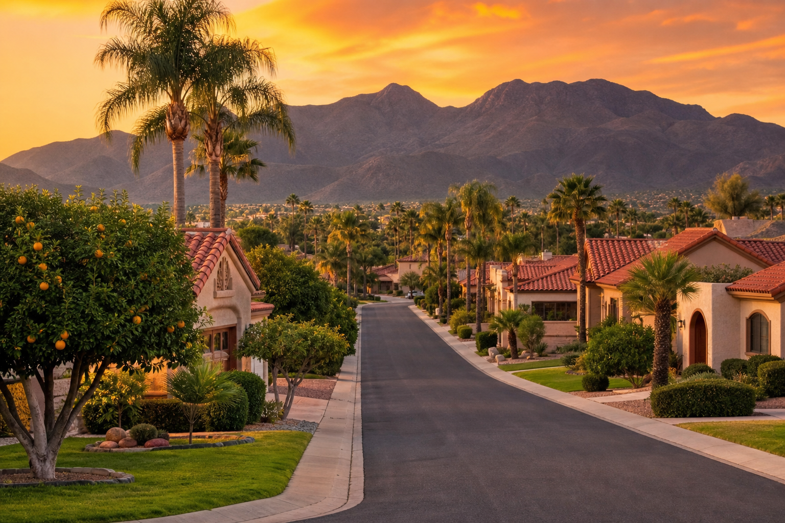 Mature West Valley Arizona neighborhood with palm trees and established homes at golden hour